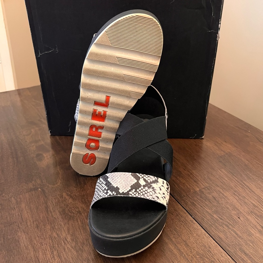 Sorel Black Snakeskin Wedge Sandals - Picture 3 of 7